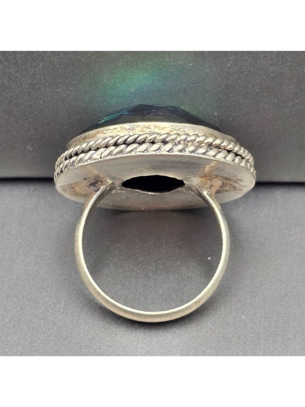 Vintage Sterling Silver Plated Dichroic Glass Ring Size 9.5 Bezel Rope Edge - Picture 3 of 13